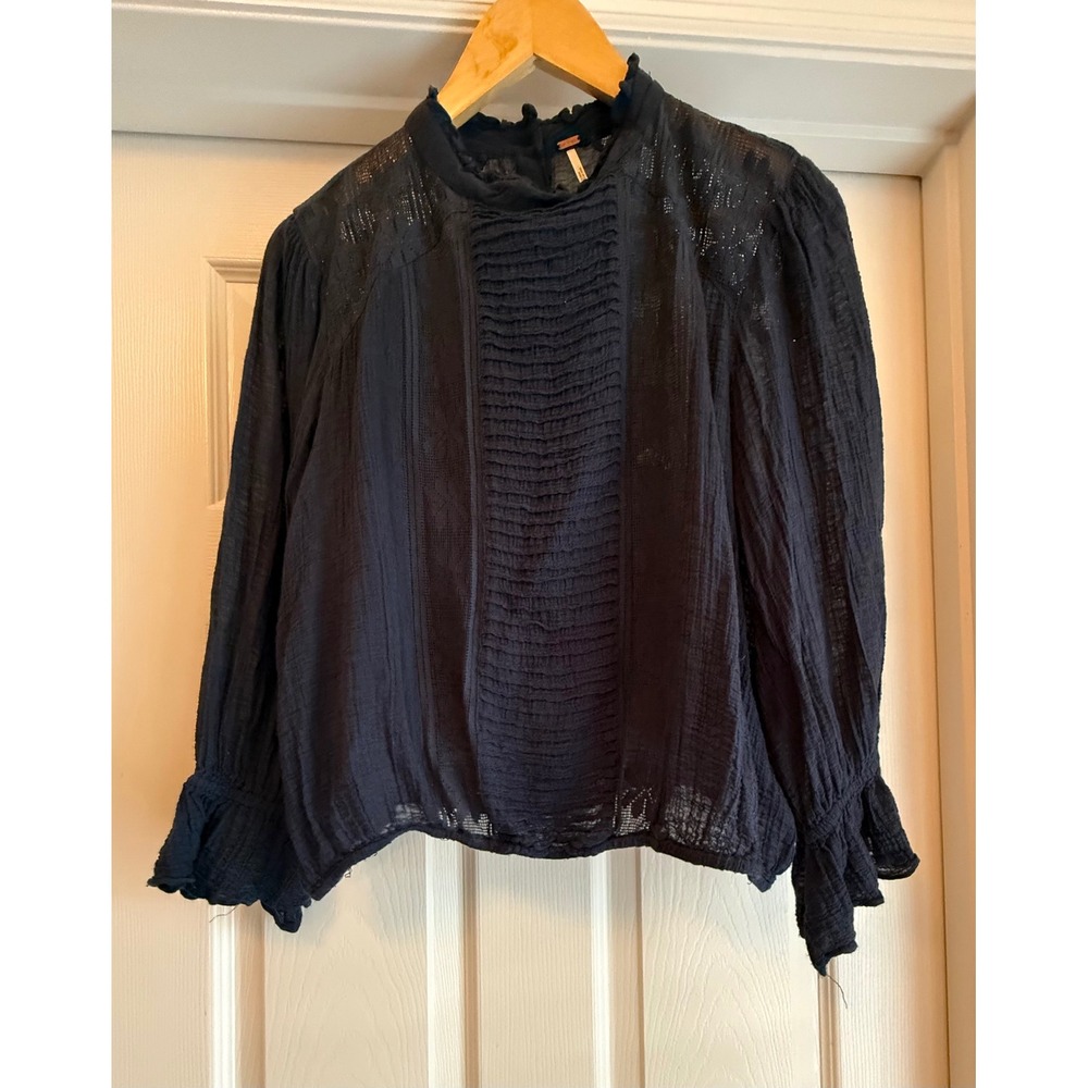 Free People Blouse Womens L Navy Blue Lace Pintuck Ruffle High Neck Button Back